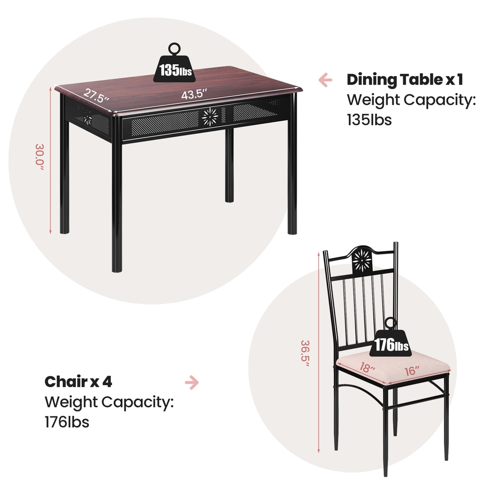 Dining table and four chairs set with cushions, made of MDF and steel, perfect for family dining and elegant decor.