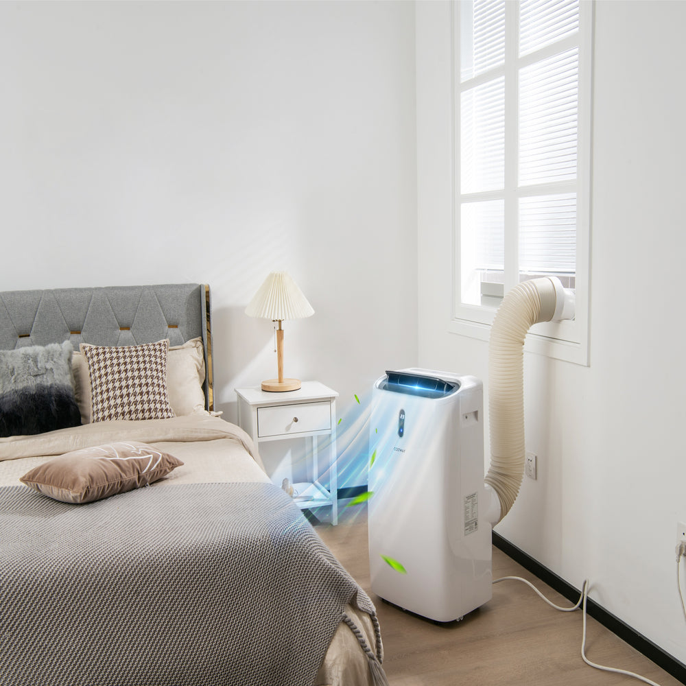 Portable 12000 BTU air conditioner in white, featuring smart control and 70° oscillation for effective cooling in.