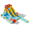 Inflatable Dual Slide Water Park features slides, climbing wall, and pool, made of durable Oxford cloth for outdoor fun.