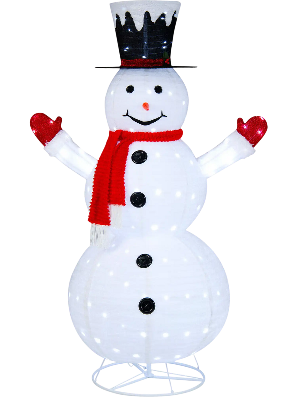 Lighted 6-foot snowman with top hat and red scarf, featuring 200 LED lights for festive indoor or outdoor decoration.