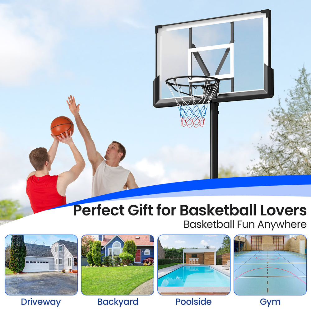 Portable basketball hoop with adjustable height, sturdy base, and large backboard for outdoor fun in driveway or.
