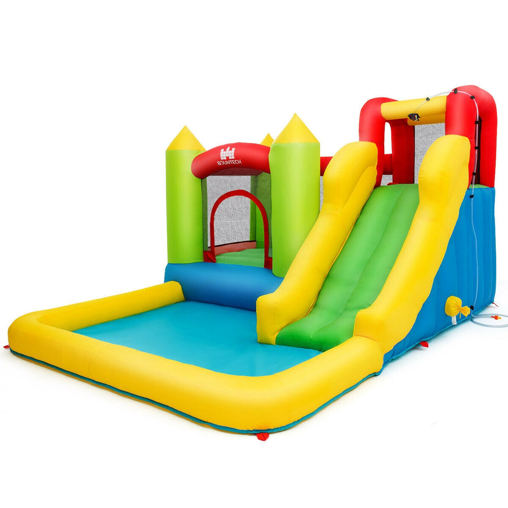 Colorful inflatable bounce house water slide with pool, made of premium Oxford material for outdoor fun and safety.