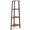 4-tier corner shelf in black metal with wood finish, ideal for compact spaces like living rooms or studies.