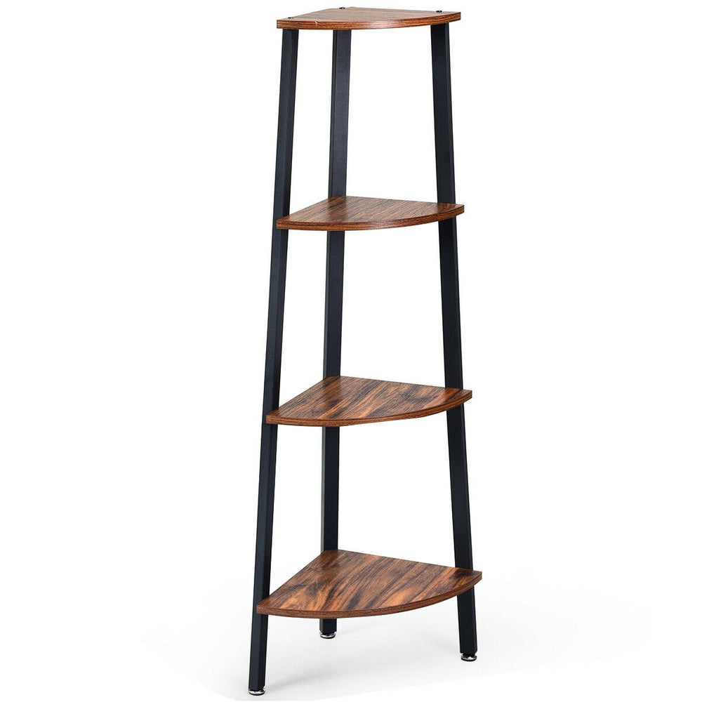 4-tier corner shelf in black metal with wood finish, ideal for compact spaces like living rooms or studies.