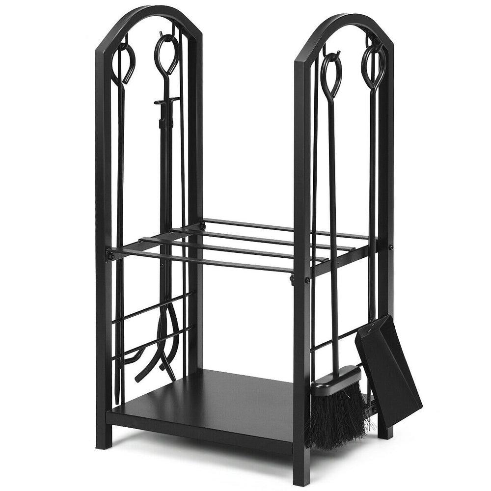 Fireplace log rack in black with 4 wrought iron tools, designed for indoor/outdoor use, keeps firewood tidy and dry.