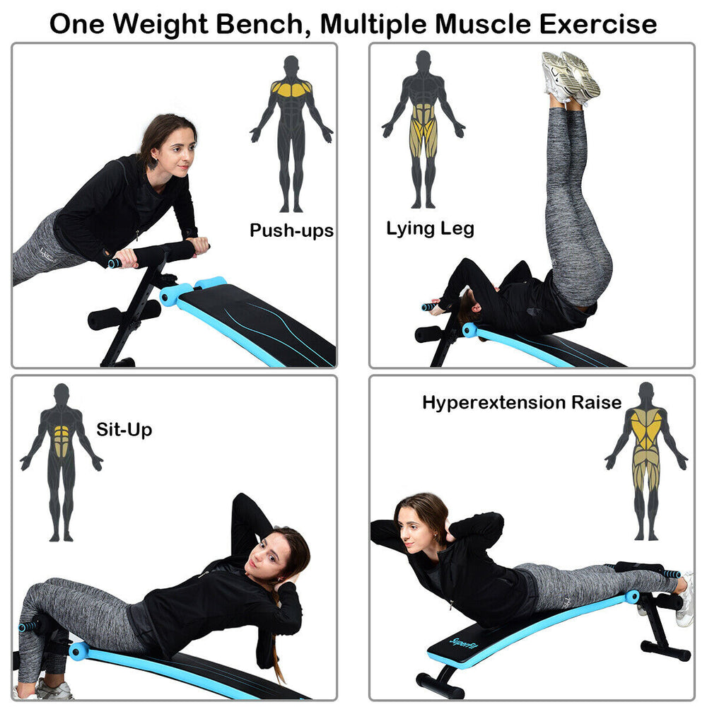 Folding weight bench in blue for versatile workouts, featuring adjustable positions for sit-ups, push-ups, and leg.