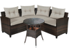 Corner wicker sofa set with soft cushions and glass-top coffee table, perfect for outdoor patio relaxation.