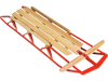 Kids wooden snow sled with metal runners and steering bar, featuring a red frame and curved wood for smooth sliding.