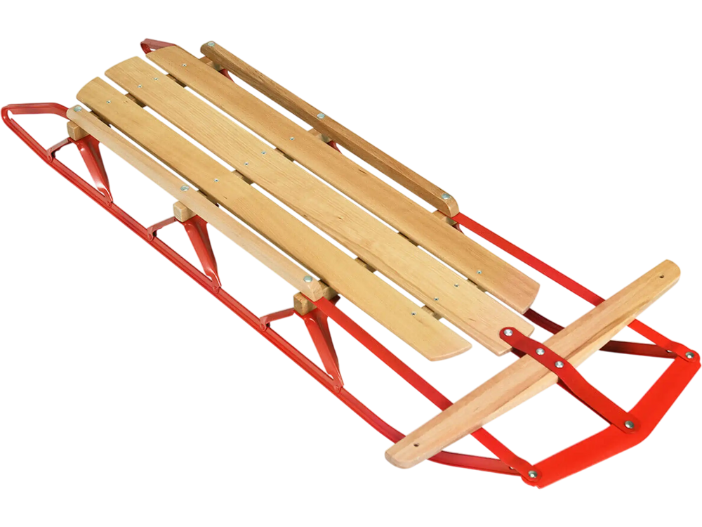 Kids wooden snow sled with metal runners and steering bar, featuring a red frame and curved wood for smooth sliding.