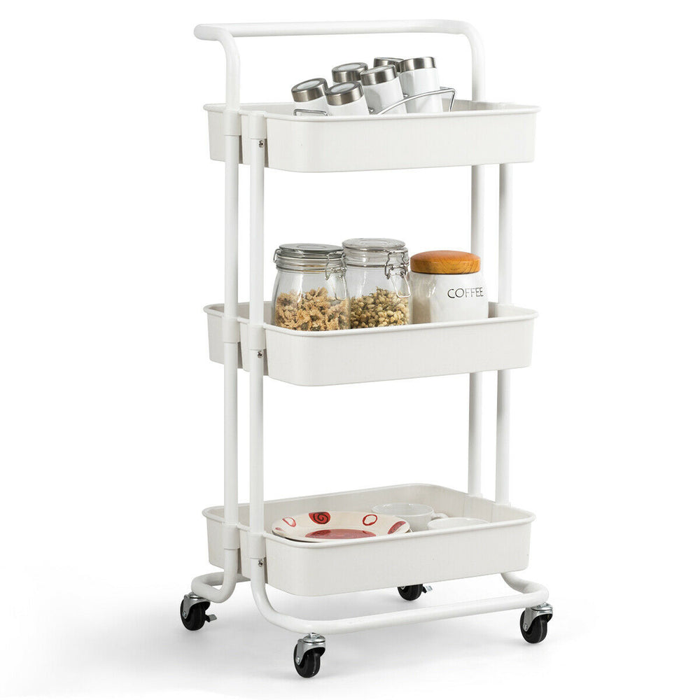 3-tier white utility cart with casters, featuring ABS baskets and metal frame, ideal for kitchen or living room storage.