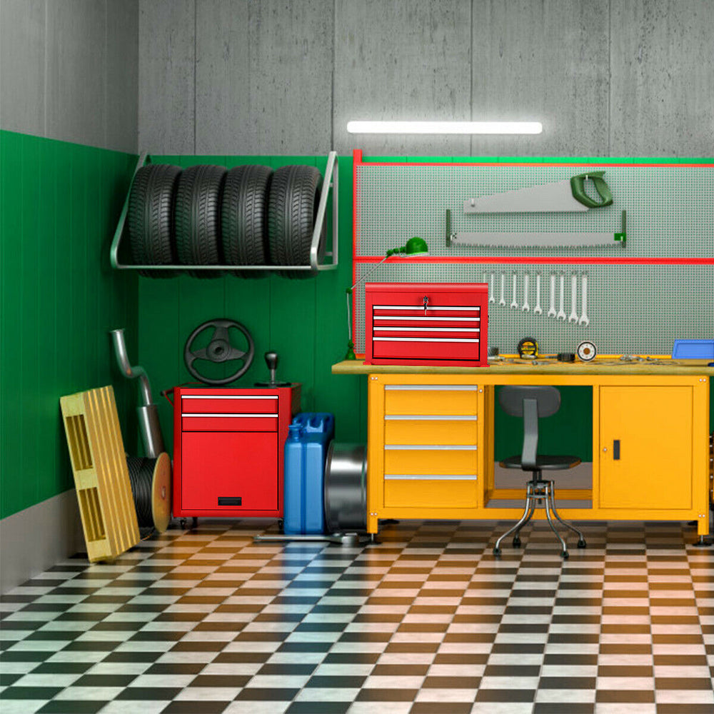 Red rolling cabinet storage chest with slide-out drawers and lockable design, ideal for garage organization.
