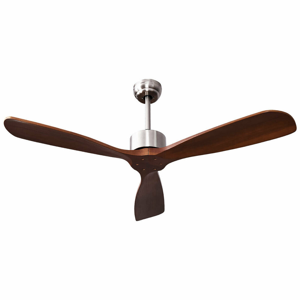 52-inch ceiling fan with brushed nickel finish and 3 solid wood blades, featuring remote control for adjustable speeds.