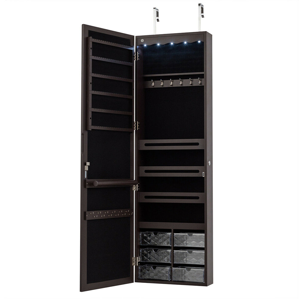 Brown wall-mounted jewelry armoire with 5 LED lights, full-length mirror, and organized compartments for accessories.