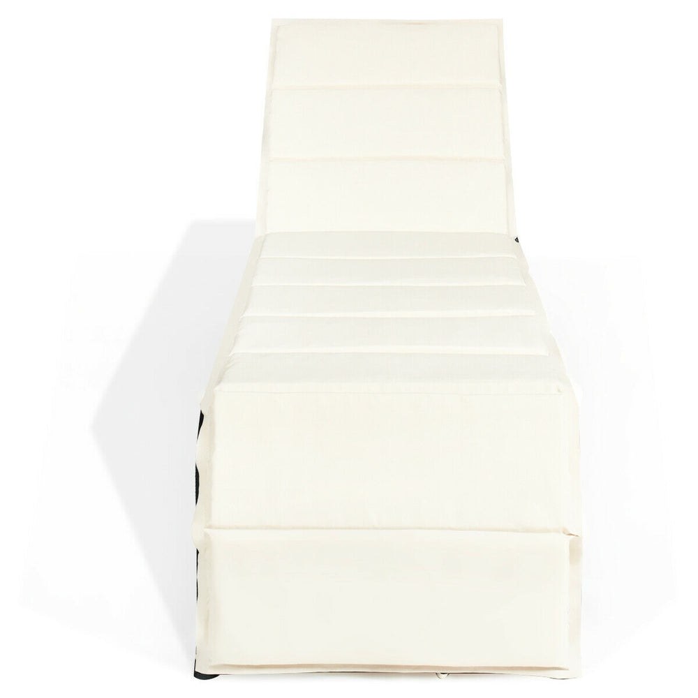 Adjustable chaise lounge chair in white with cushioned seat, made of rattan and steel, perfect for outdoor relaxation.