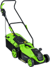 Electric corded lawn mower with a 13.5-inch cutting width, 12-AMP motor, and foldable handle for easy storage.