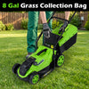 Electric corded lawn mower with 13.5-inch cutting width and 8-gallon grass collection bag for efficient mowing.