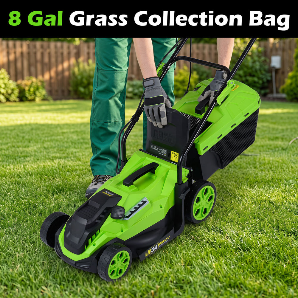 Electric corded lawn mower with 13.5-inch cutting width and 8-gallon grass collection bag for efficient mowing.