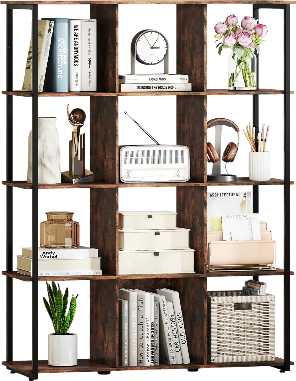 12-cube bookcase in rustic brown with open back design, ideal for displaying books and decorative items in living rooms.