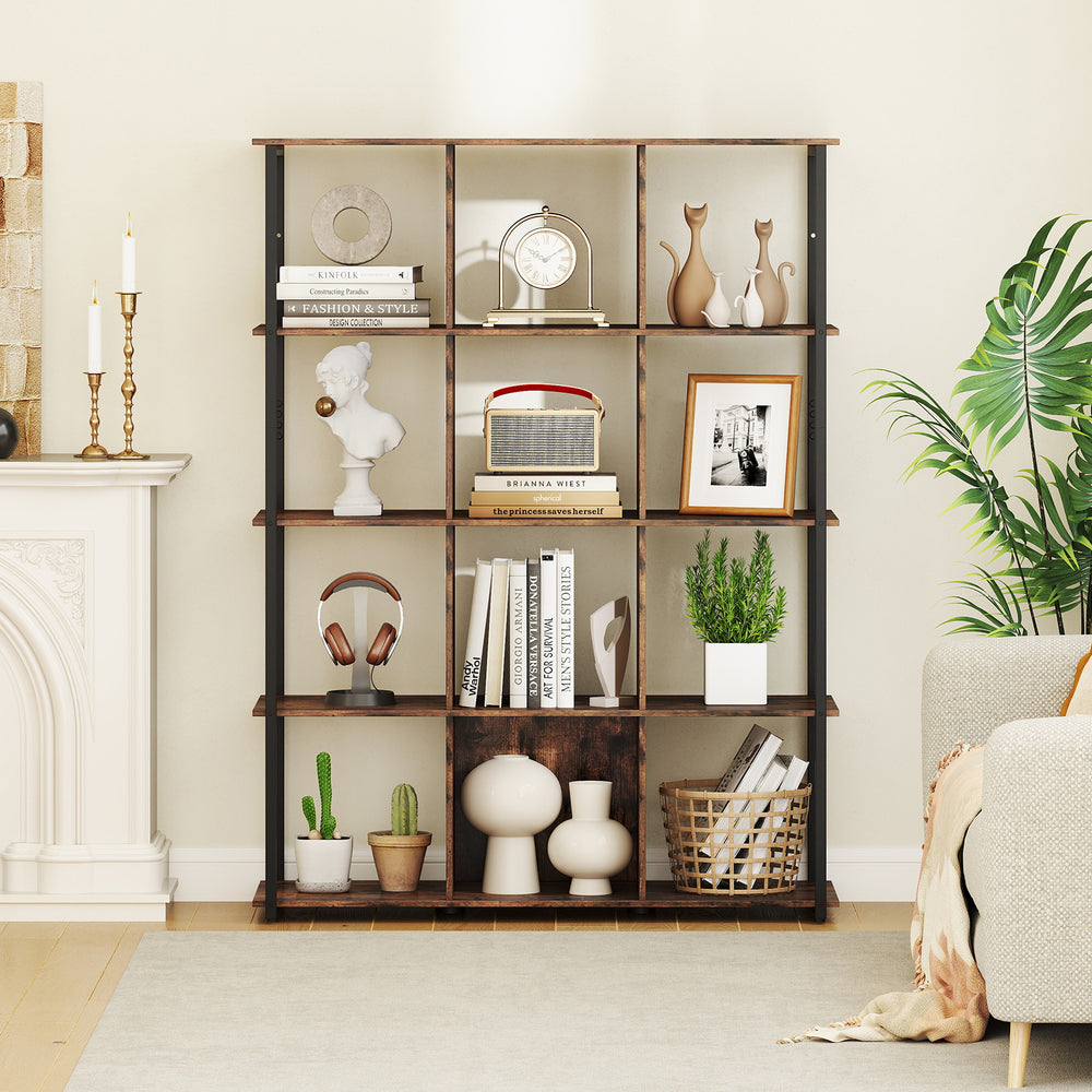 12-cube bookcase in rustic brown with open back design, ideal for displaying decor and storing books in living rooms.