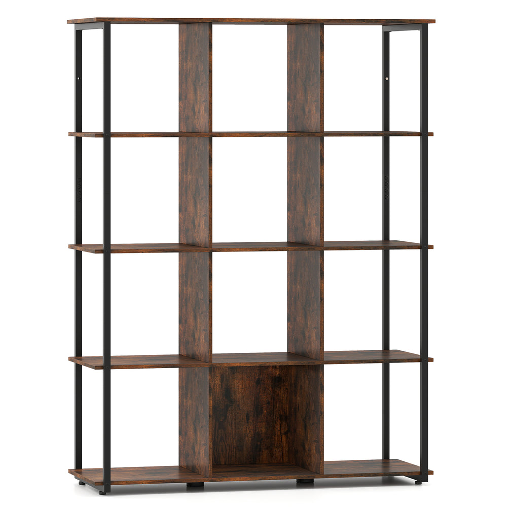 12-cube bookcase in rustic brown with open back design, sturdy metal frame, ideal for living room storage and display.