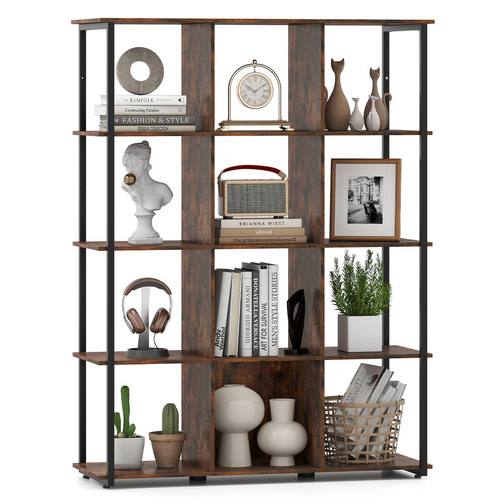 Rustic brown 12-cube bookcase with 5-tier shelves, ideal for displaying books and decor in living rooms or home offices.