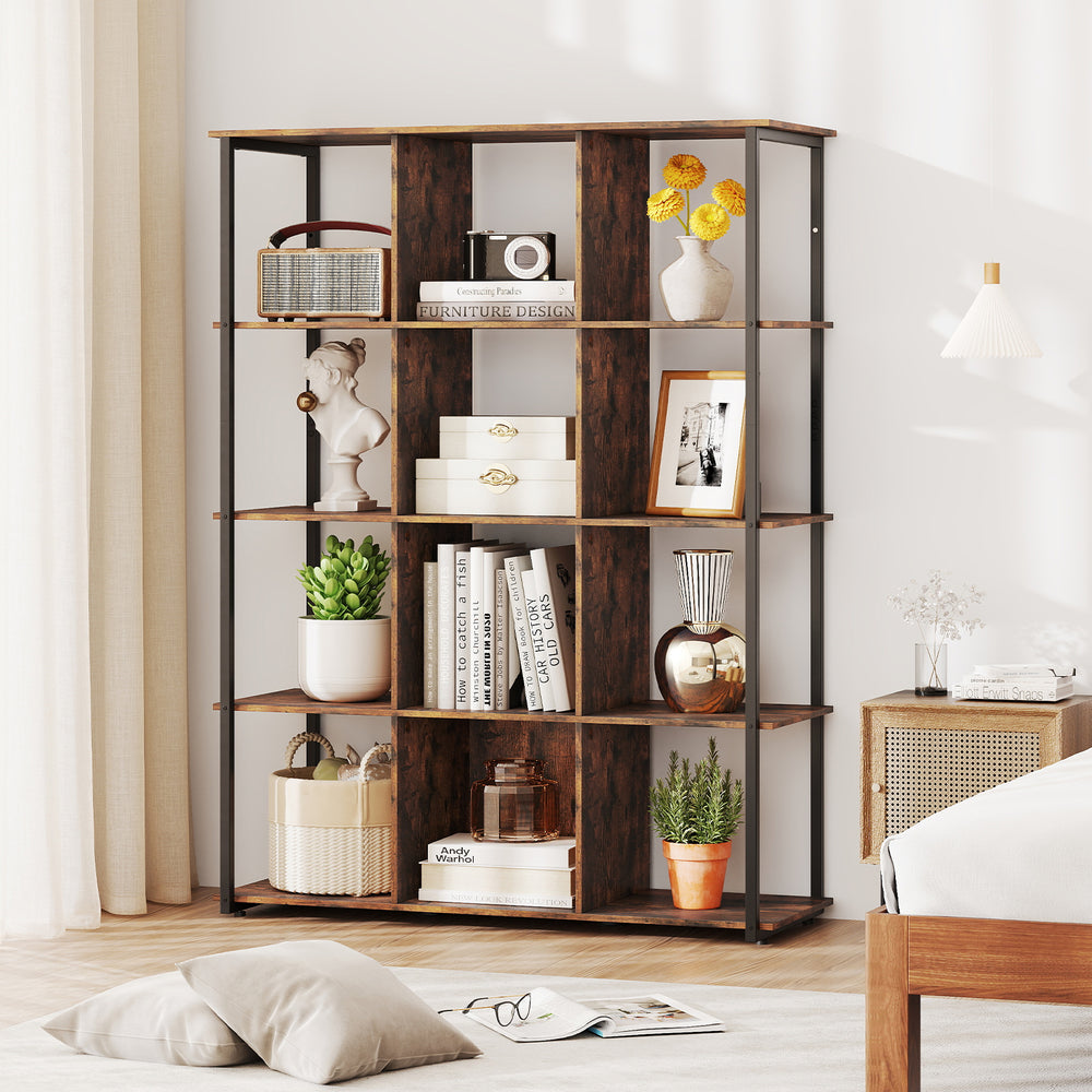 12-cube bookcase in rustic brown with 5-tier shelves, ideal for displaying books and decor in living rooms or bedrooms.