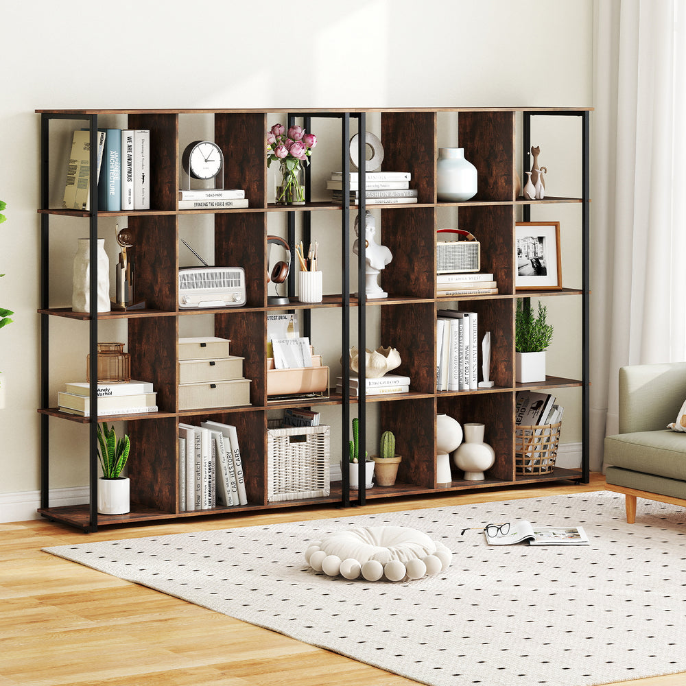 12-cube bookcase in rustic brown with open back design, perfect for displaying books and decor in living rooms.