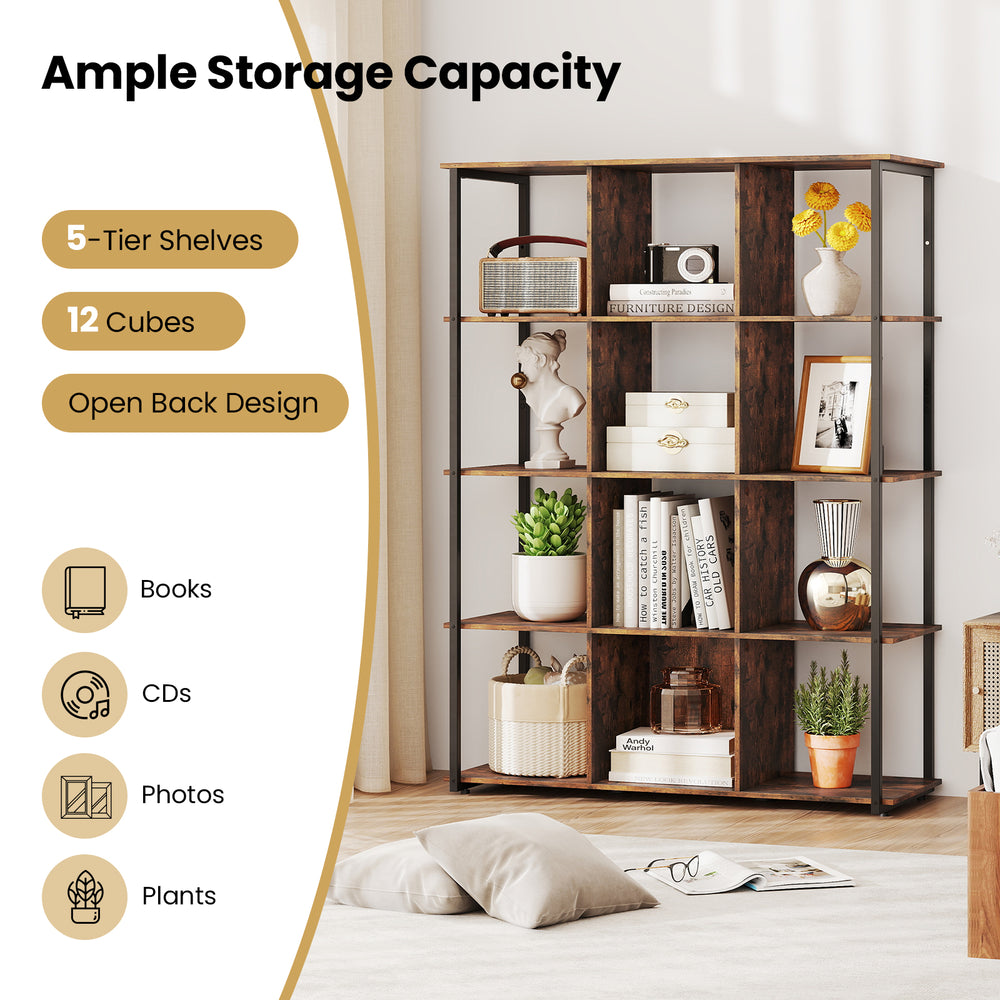 5-tier rustic brown bookcase with 12 cubes and open back design, ideal for displaying books, photos, and plants.