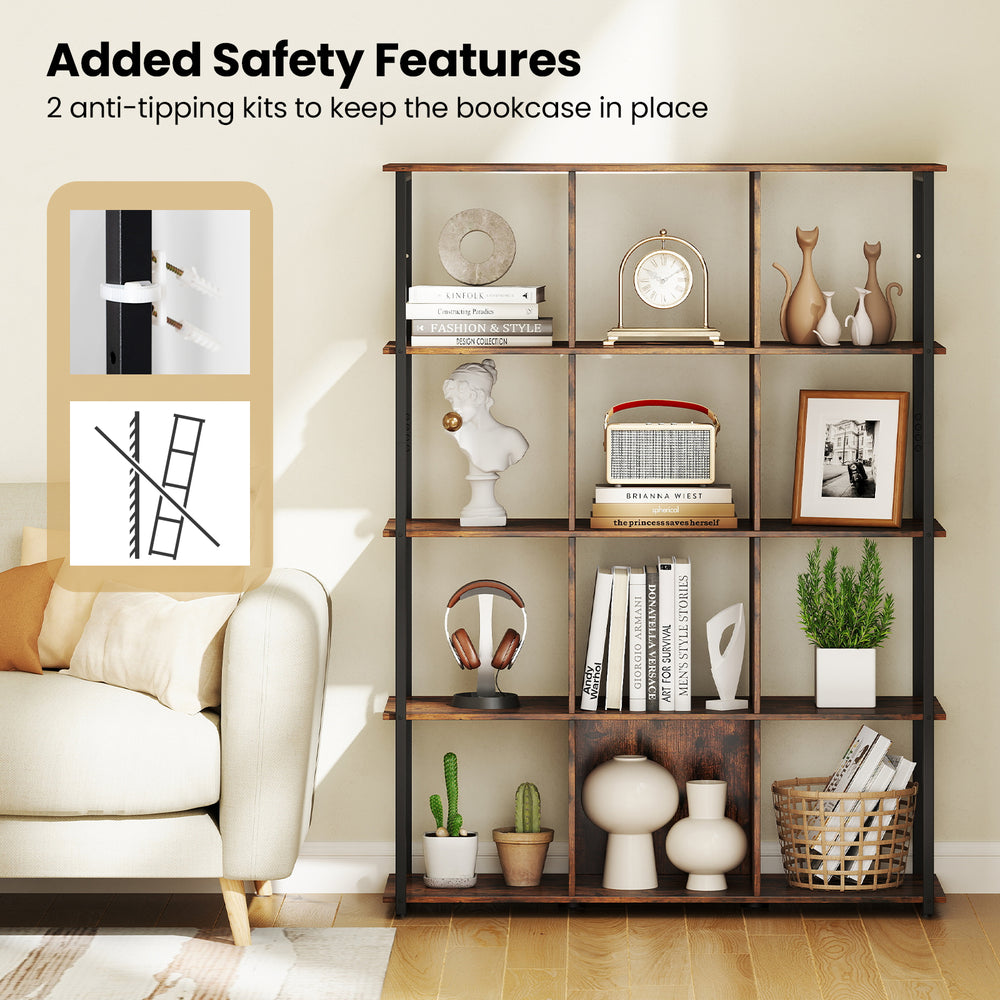 12-cube bookcase in rustic brown with 5-tier shelves and 2 anti-tipping kits, ideal for living room storage and display.
