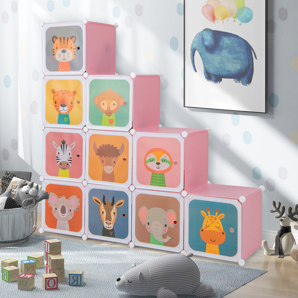 Colorful 12 cube kids wardrobe closet in pink with animal doors, ideal for playful storage in children's rooms.