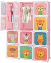 Colorful 12 cube kids wardrobe closet in pink with animal patterns, featuring hanging section for versatile storage.