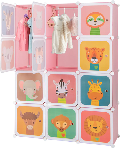 Costway 12-Cube Kids Wardrobe Closet Storage Organizer w/ Hanging Section Doors 61459372 New