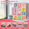 Close-up of the pink kids wardrobe closet's cartoon door panels, showcasing adorable animal designs for children's.