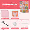 12-cube kids wardrobe closet in pink with cartoon door panels, includes connectors and a hammer for easy assembly.