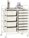 Utility rolling cart featuring a spacious top surface, 12 drawers for organized storage, and smooth-rolling casters for.