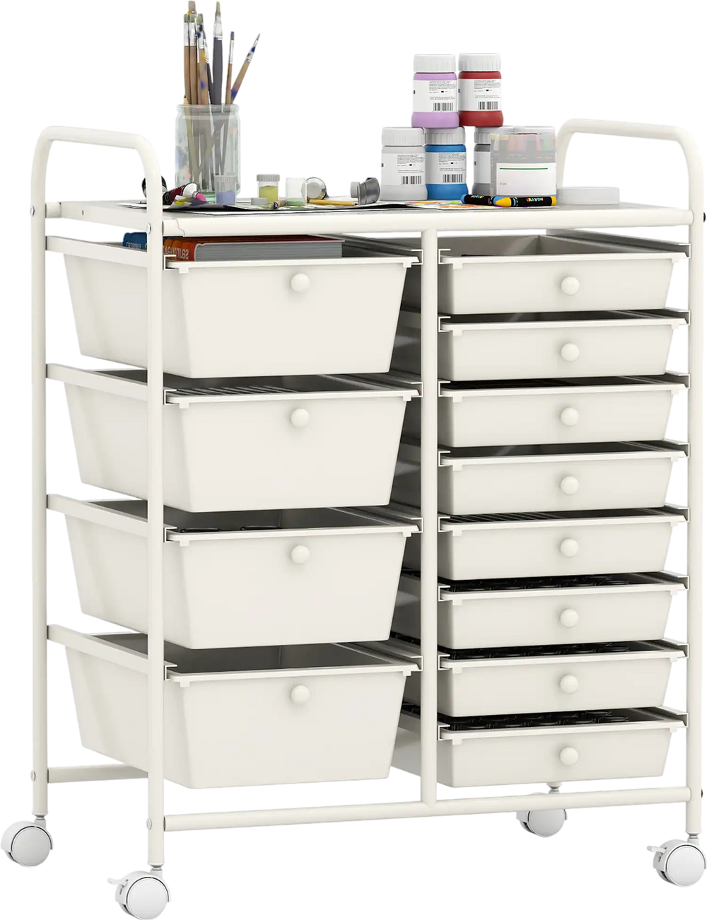Utility rolling cart featuring a spacious top surface, 12 drawers for organized storage, and smooth-rolling casters for.