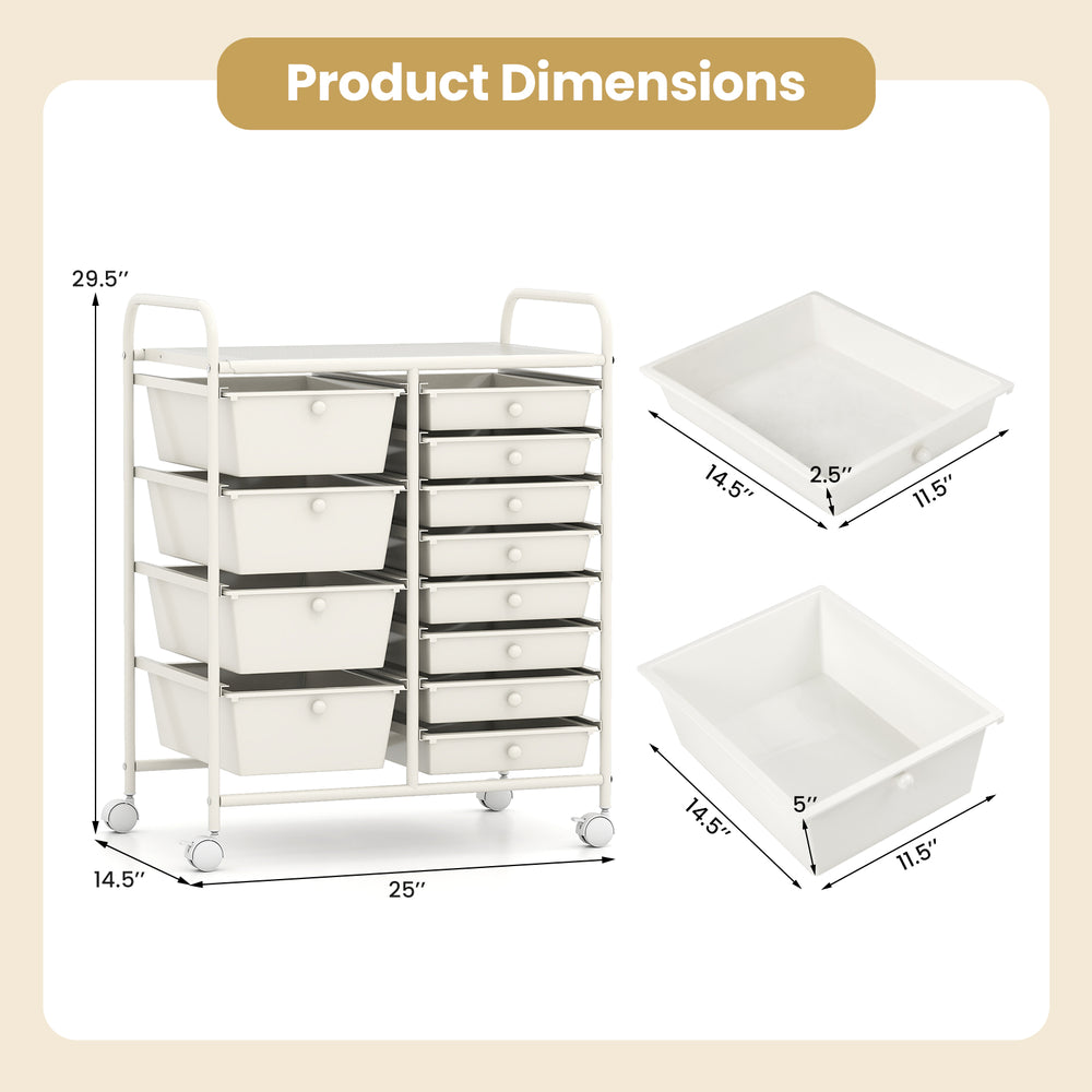 Dimensions of the 12-drawer utility rolling cart in white, showing size details for organized multi-use storage.
