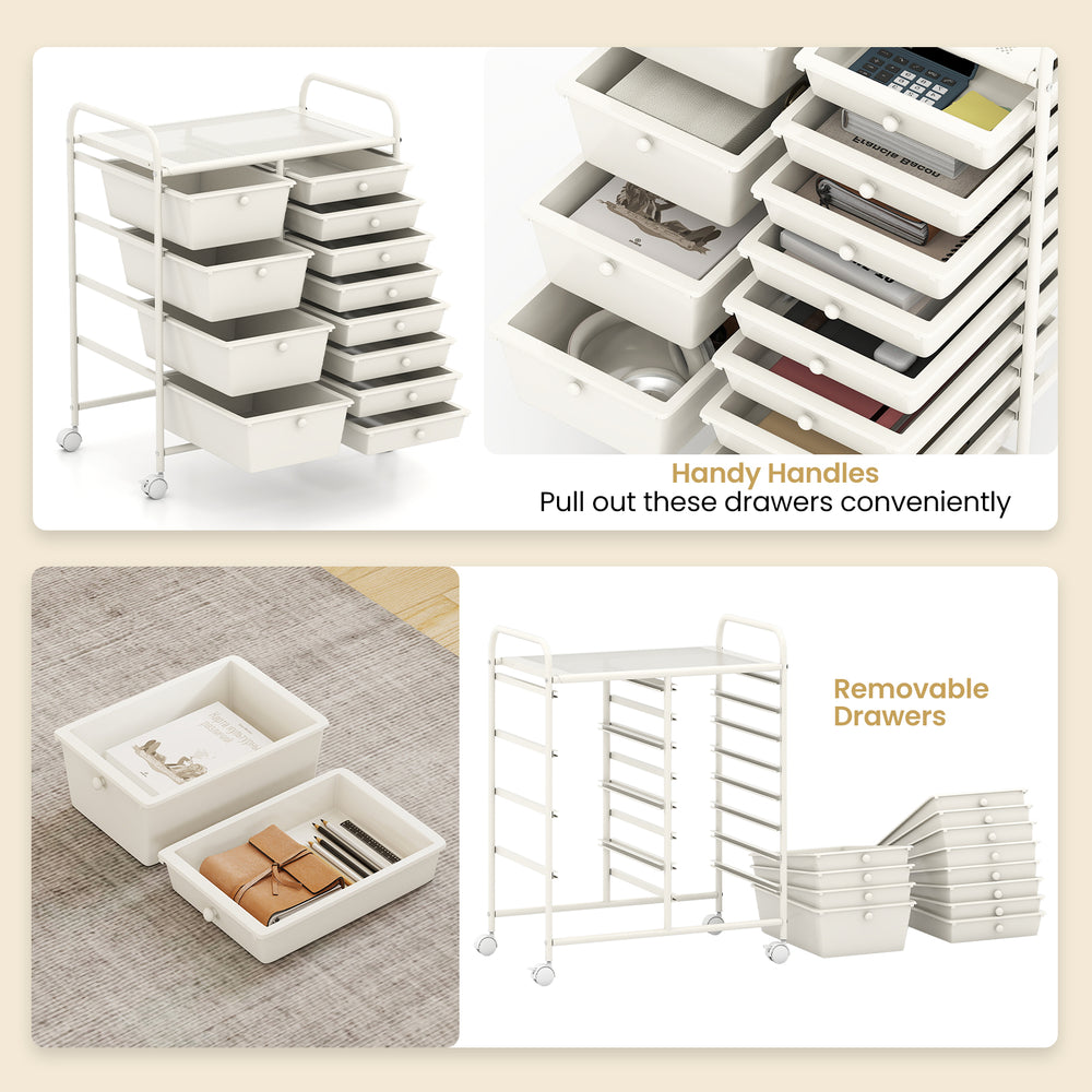 12-drawer utility rolling cart in white with removable drawers and swivel casters for versatile storage solutions.