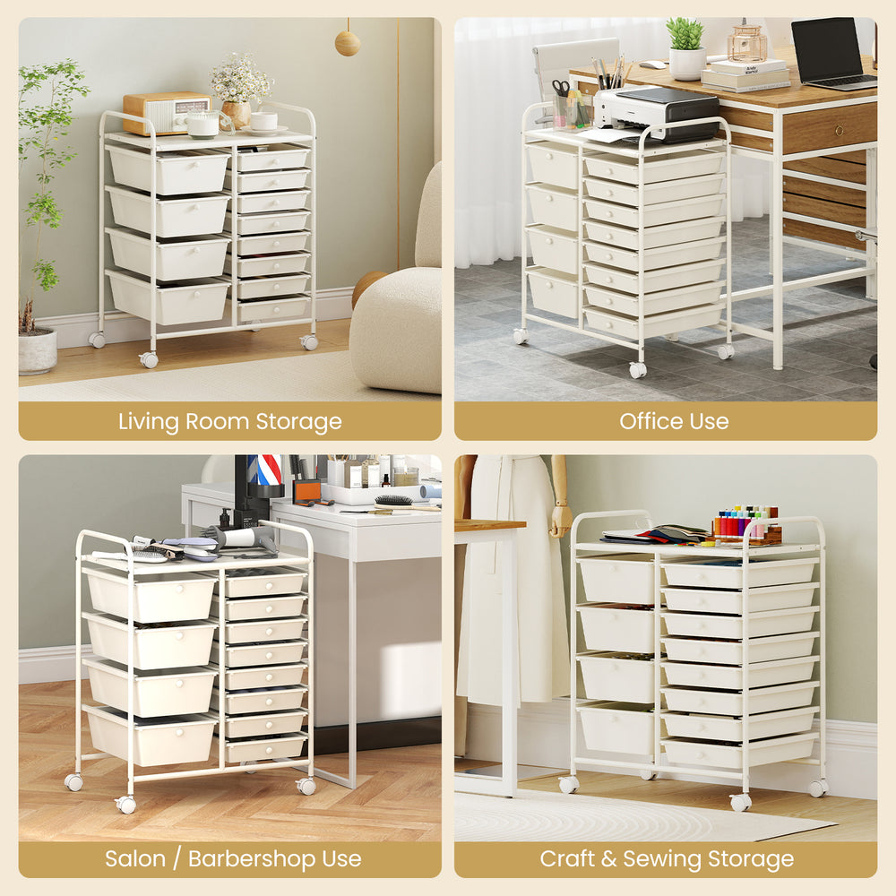 12-drawer utility rolling cart in white with removable drawers, ideal for office, craft, or salon storage.