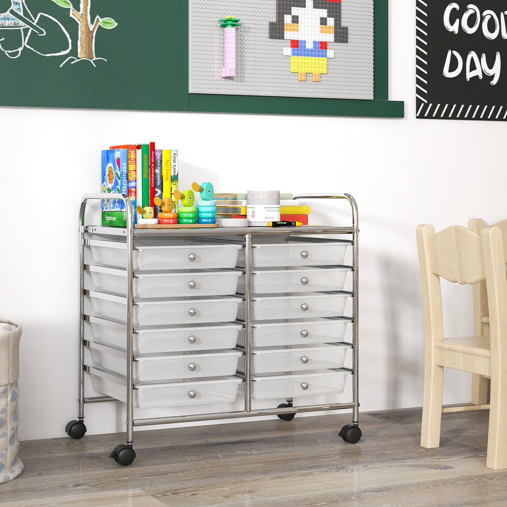 Rolling storage cart with 12 transparent drawers, metal frame, and wheels, perfect for home or office organization.