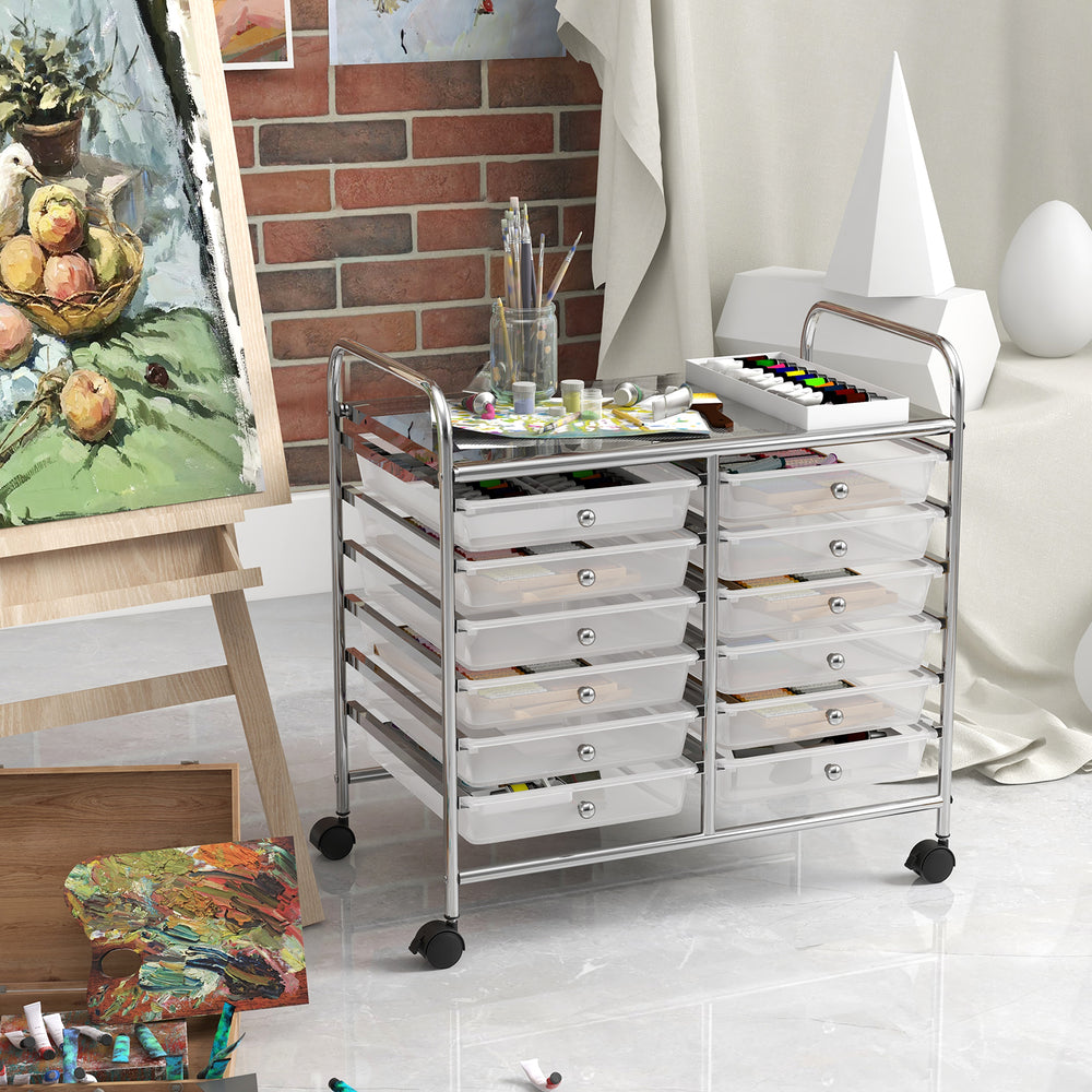 Rolling storage cart with 12 transparent drawers, metal frame, and wheels, ideal for home or office organization.