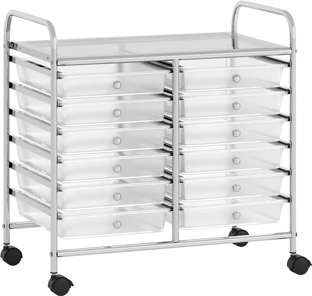 12-drawer rolling storage cart with transparent plastic drawers and metal frame, ideal for home or office organization.