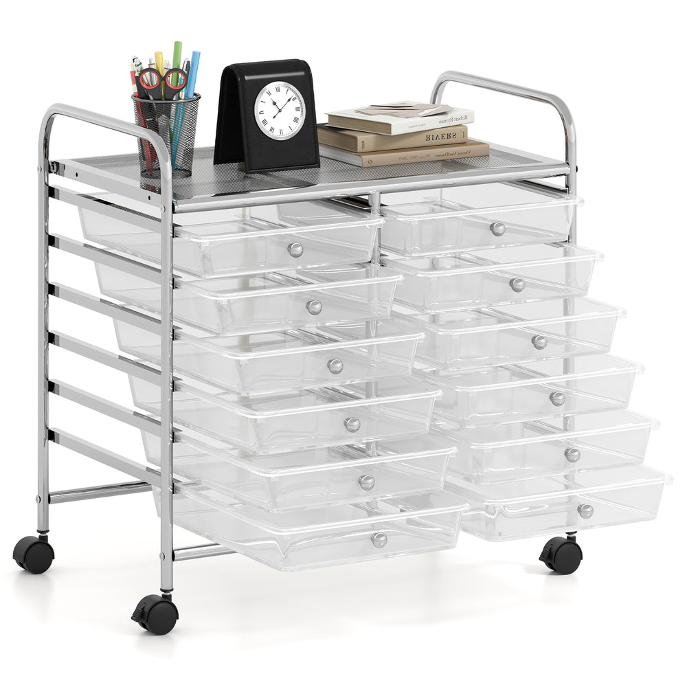 Rolling storage cart with 12 transparent drawers, metal frame, and wheels, ideal for home and office organization.