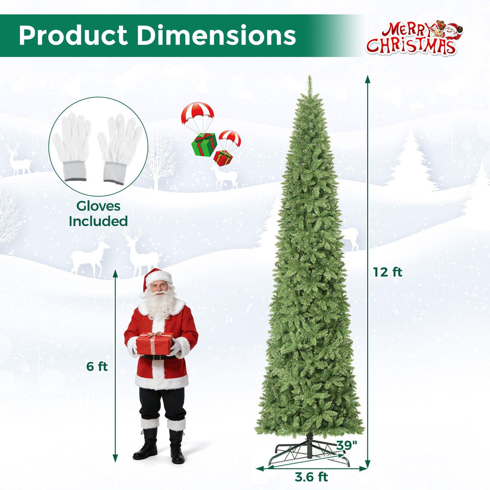 12 ft artificial Christmas tree with 1818 PVC branch tips, slim pencil shape, ideal for larger spaces and easy setup.