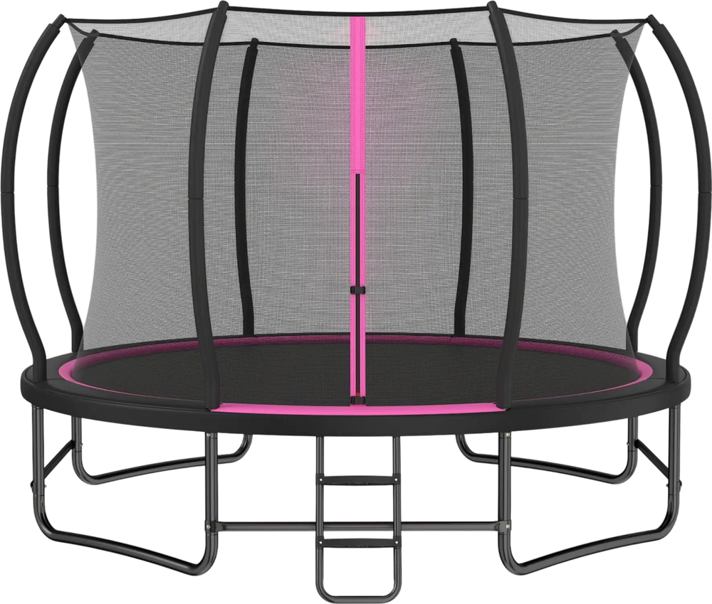 12 FT outdoor trampoline with pink enclosure net, stabilizer bars, and anti-slip ladder for safe backyard fun.