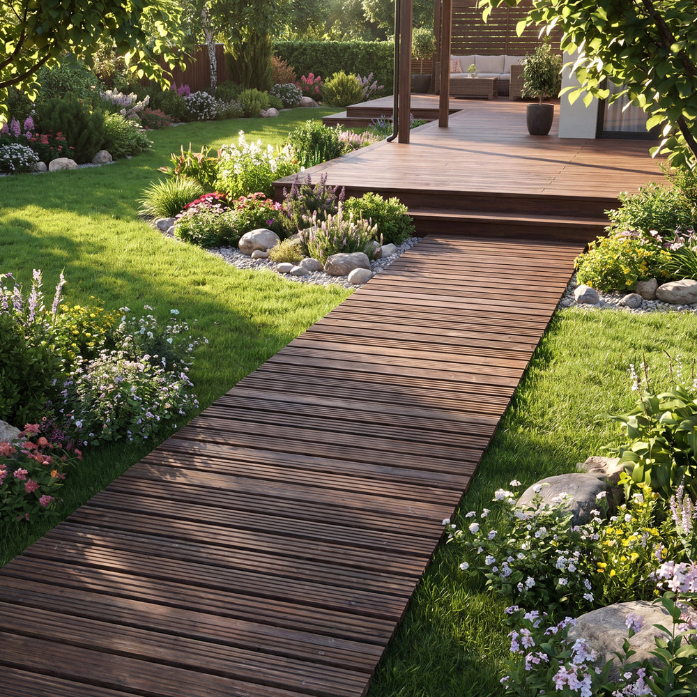 12 FT Wooden Garden Pathway 22 Inches Wide Outdoor Roll out Straight Walkway-Brown - Gallery View 1 of 10