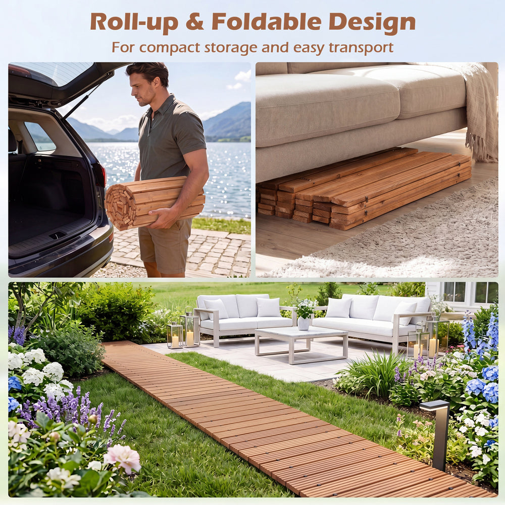 Wooden garden pathway with a roll-up design, 12 FT long and 22 inches wide, ideal for outdoor use and easy storage.