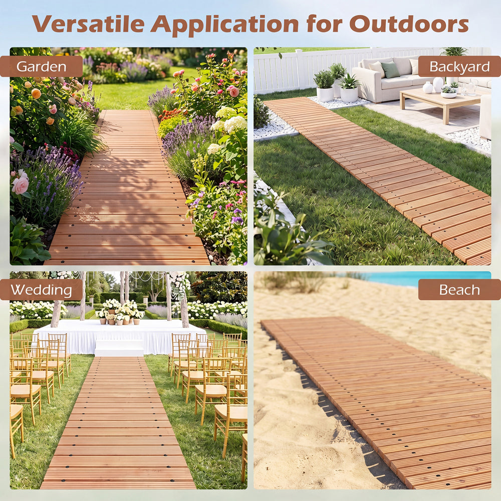 12 FT wooden garden pathway, 22 inches wide, shown in various outdoor settings for versatile use.