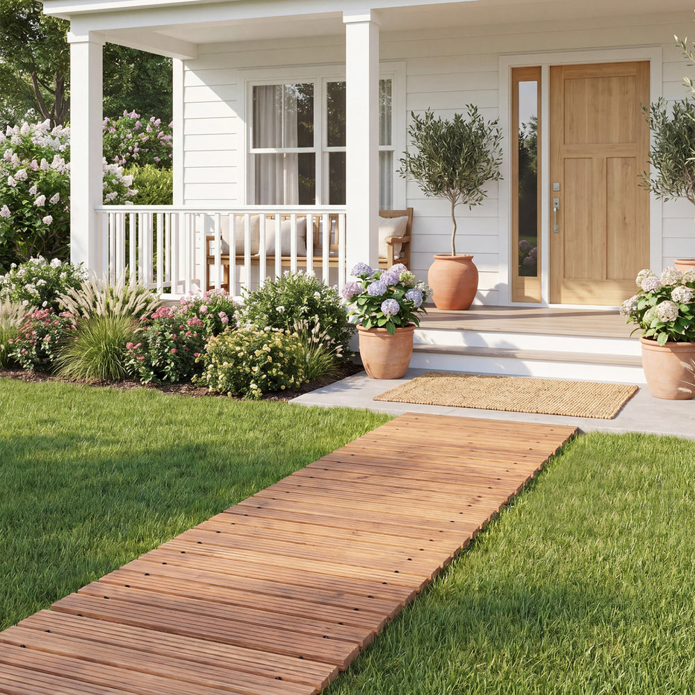 Wooden garden pathway measuring 12 FT long and 22 inches wide, ideal for outdoor walkways and enhancing curb appeal.
