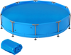 Round 12 feet solar pool cover in blue, made from durable PE material, prevents debris and retains heat for swimming.